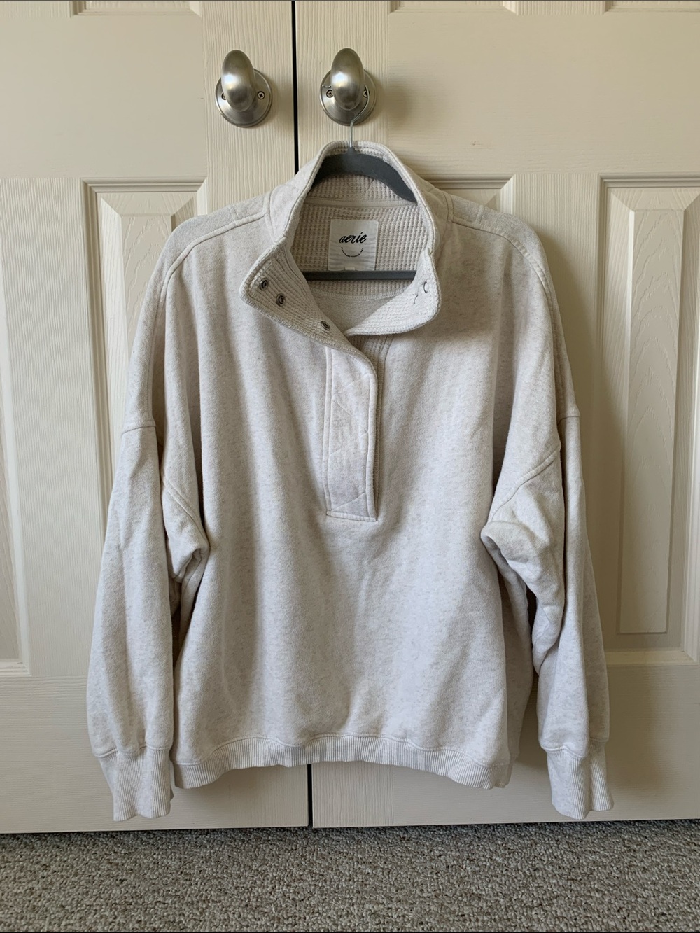 aerie Cream Snap-Front Funnel Neck Pullover Sweatshirt